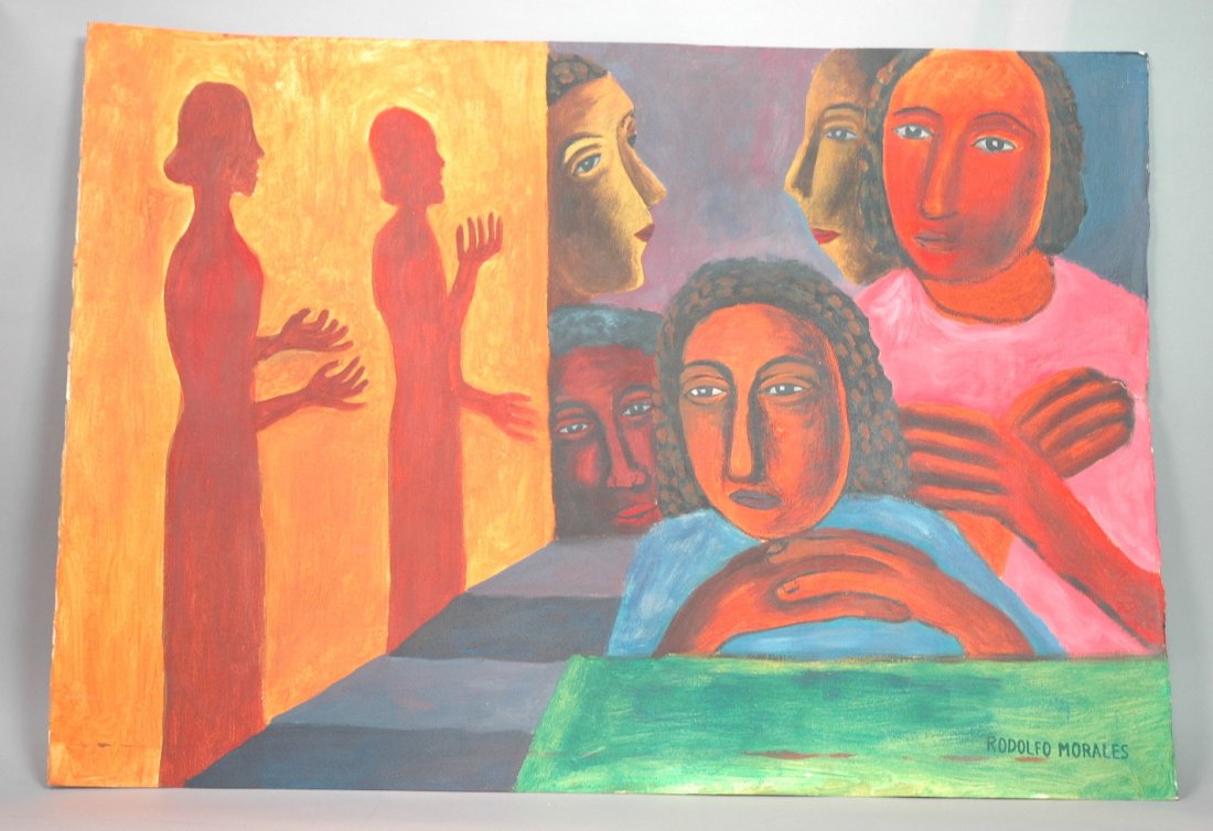 RODOLFO MORALES Oil on Paper Painting. Portraits: RODOLFO MORALES Oil on Paper Painting. Portraits with shadows. Signed. Embossed cotton paper. -- Dimensions: H: 20 inches: W: 27.75 inches --- US Shipping charge: $28