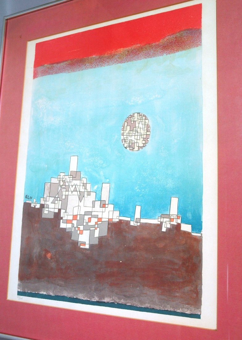PAUL KLEE Abstract Landscape Print. Buildings on: PAUL KLEE Abstract Landscape Print. Buildings on cliff with sun. Numbered 90/375.-- Dimensions: Image Size: H: 23 inches: W: 17 inches ---