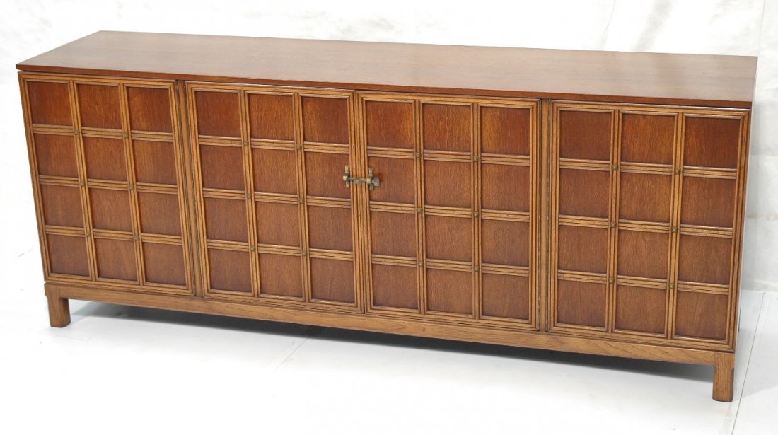 HENREDON American Modern Walnut Credenza Sideboar: HENREDON American Modern Walnut Credenza Sideboard. Four doors with three interior drawers. Lattice work front with square metal rivets. Marked.-- Dimensions: H: 32 inches: W: 78 inches: D: 18.5 inche