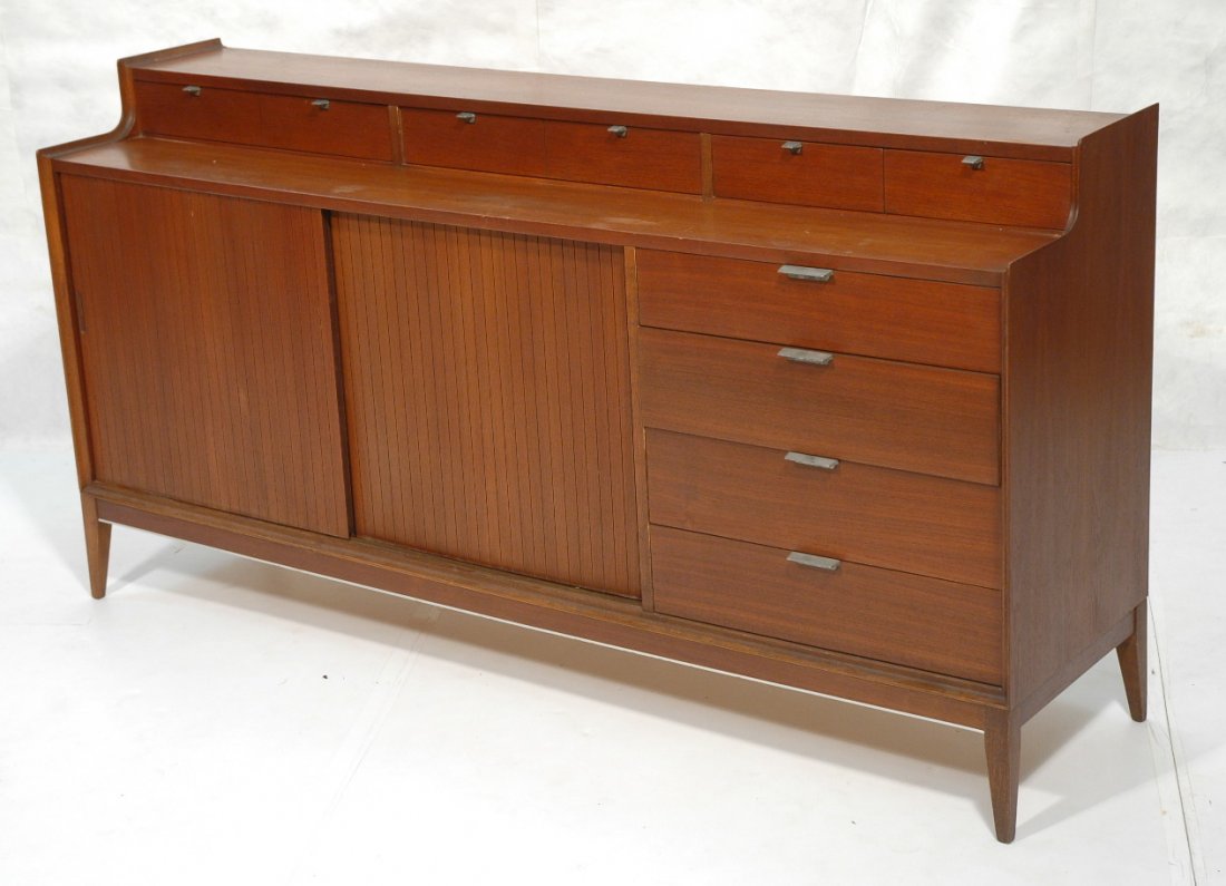 American Modern Walnut Cabinet Credenza. Four dra: American Modern Walnut Cabinet Credenza. Four drawers over 2 sliding doors & 4 drawers. Interior shelves. Modern metal pulls. -- Dimensions: H: 37.5 inches: W: 72 inches: D: 18 inches ---