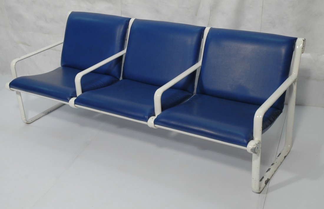 KNOLL Sofa Blue Vinyl with metal enameled white f: KNOLL Sofa Blue Vinyl with metal enameled white frame-- Dimensions: H: 29 inches: W: 73 inches: D: 24 inches ---