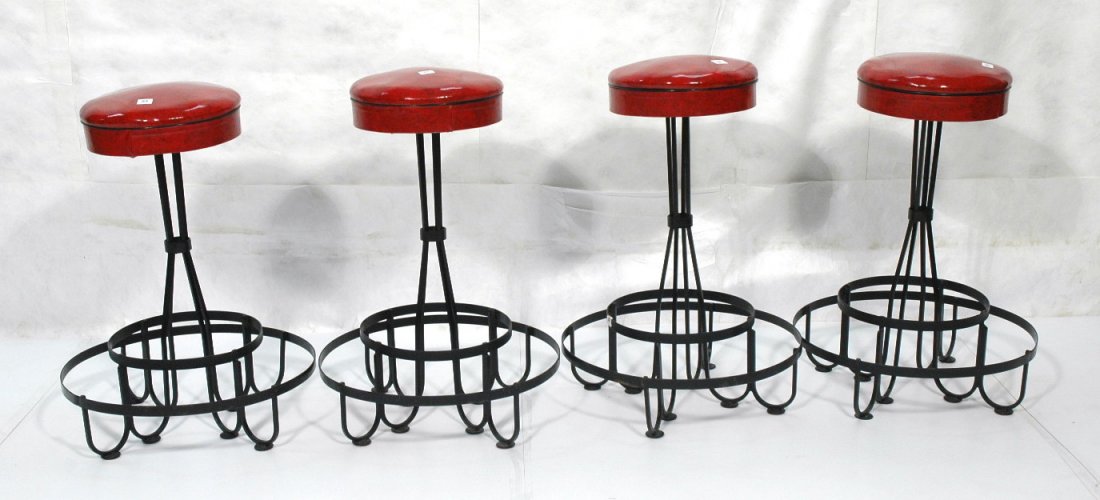 Set of 4 Iron and Red Vinyl Bar stools.: Set of 4 Iron and Red Vinyl Bar stools.-- Dimensions: H: 34 inches: W: 23 inches ---