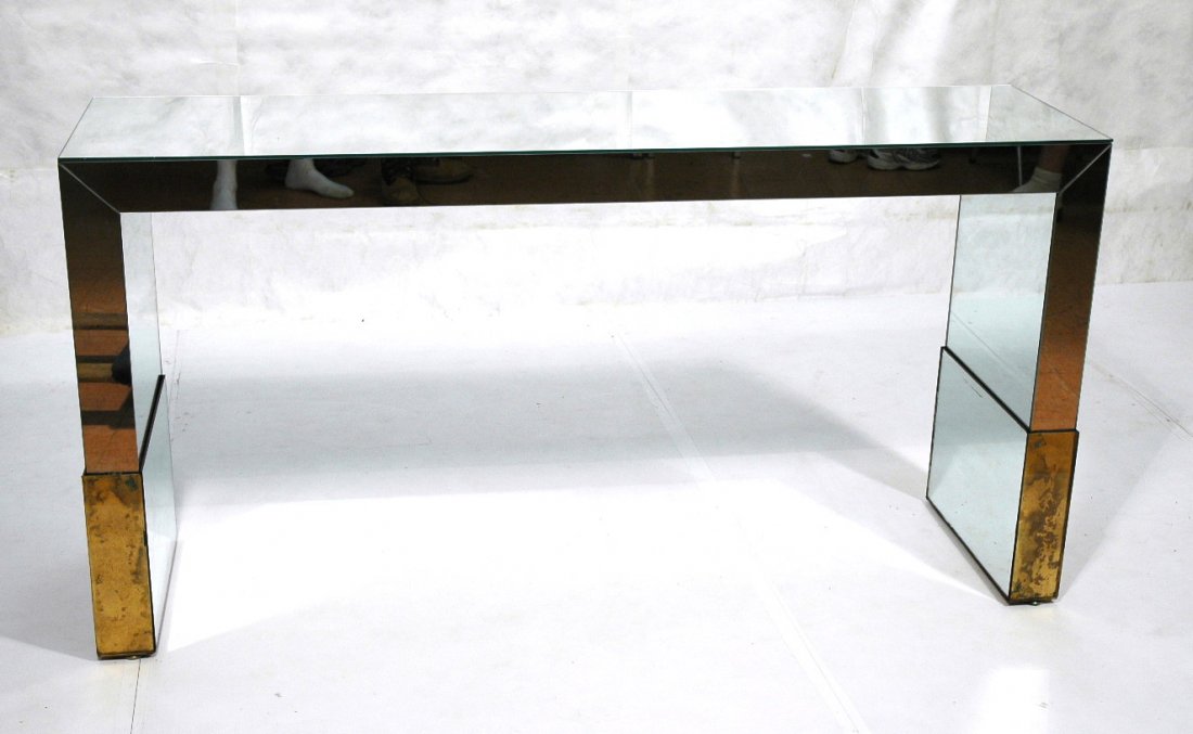 Tall Mirrored Glass Console Hall Table. Sides wit: Tall Mirrored Glass Console Hall Table. Sides with Antiqued gold mirror bases. -- Dimensions: H: 36.5 inches: W: 72 inches: D: 19 inches ---