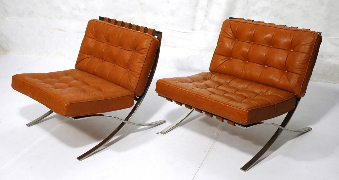Pr BARCELONA style Chrome Leather Chairs. Light B: Pr BARCELONA style Chrome Leather Chairs. Light Brown leather. Not marked.-- Dimensions: H: 20.75 inches: W: 31 inches: D: 37.5 inches ---