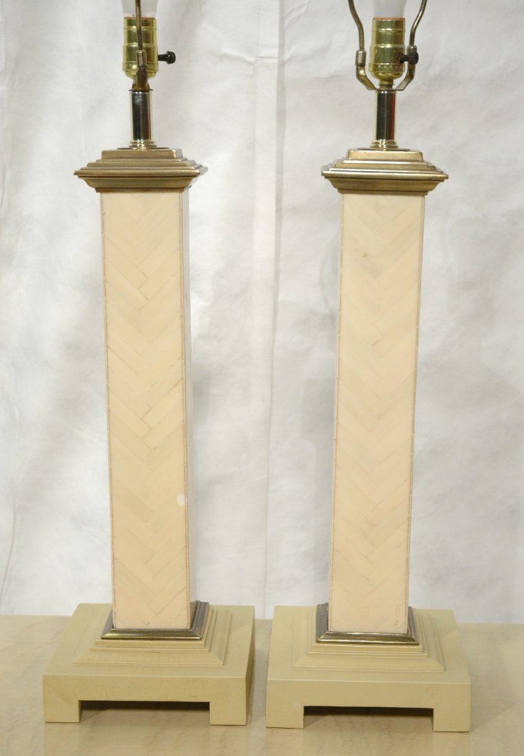 Pr Tessellated Horn CARL SPRINGER Table Lamps. La: Pr Tessellated Horn CARL SPRINGER Table Lamps. Lacquered square column with herringbone pattern. Brass trim & accents. Not marked; attribution. -- Dimensions: H: 27.25 inches: W: 8 inches: D: 8 inches