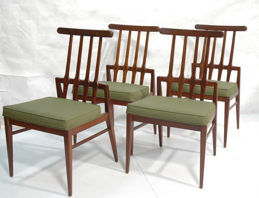 Set 4 American Modern Walnut Side Dining Chairs.: Set 4 American Modern Walnut Side Dining Chairs. Four spindle back chairs. Green vinyl seats. Marked. -- Dimensions: H: 35 inches: W: 19 inches: D: 20 inches ---