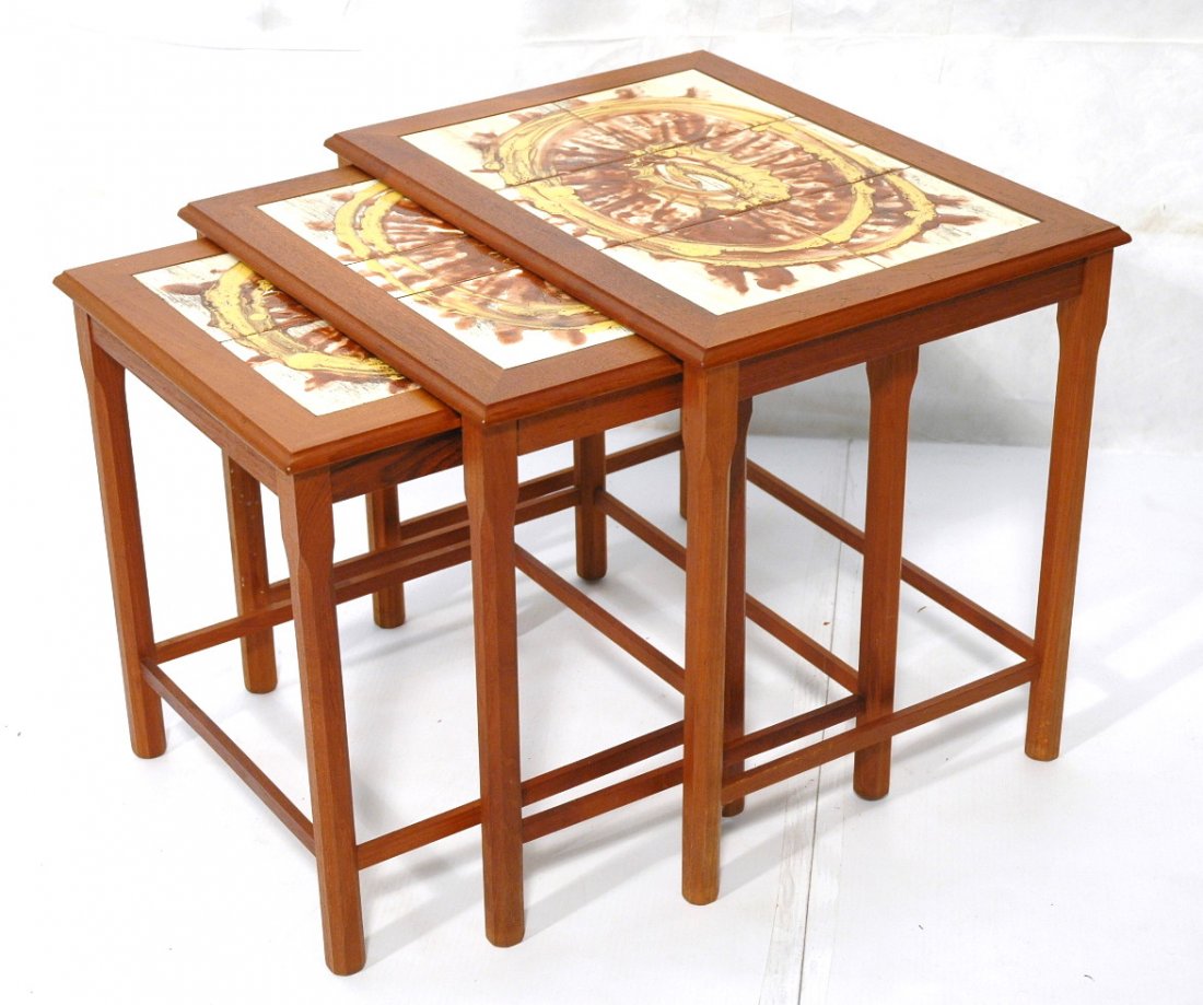 Set Danish Modern Teak Nesting Tables. Inset Cera: Set Danish Modern Teak Nesting Tables. Inset Ceramic Tiles. 3 pc set. -- Dimensions: H: 19 inches: W: 21.5 inches: D: 16 inches ---