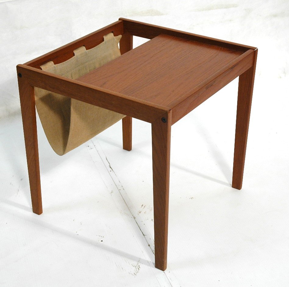 Danish Modern Teak Magazine Table Rack. Fabric sl: Danish Modern Teak Magazine Table Rack. Fabric sling holds magazines.-- Dimensions: H: 18 inches: W: 18 inches: D: 18 inches ---