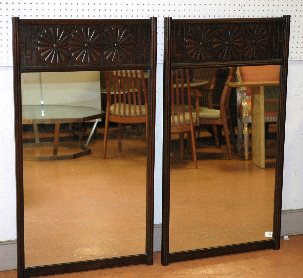 Pr WIDDICOMB American Modern Wall Mirrors. Shaped: Pr WIDDICOMB American Modern Wall Mirrors. Shaped Walnut Frames with Decorative Carved Floral Panel-- Dimensions: H: 46.5 inches: W: 26 inches ---