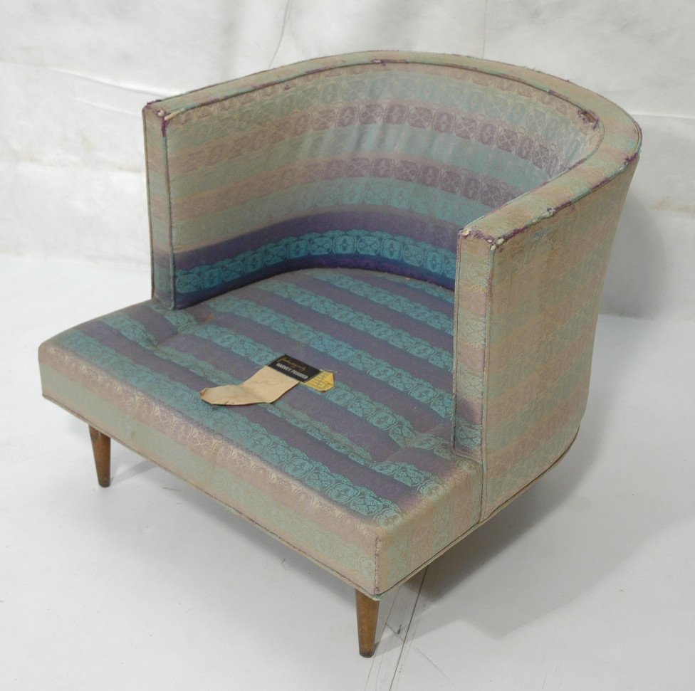 HARVEY PROBBER Barrel Back Lounge Chair. Tapered: HARVEY PROBBER Barrel Back Lounge Chair. Tapered peg legs. Label. -- Dimensions: H: 25 inches: W: 30.5 inches: D: 33 inches ---