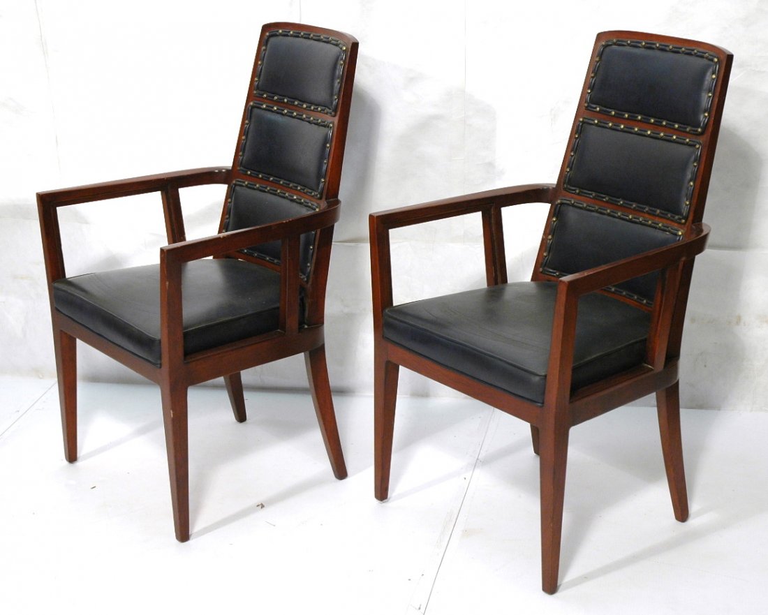 Pr GROSFELD HOUSE High Back Chairs. Arm Chairs wi: Pr GROSFELD HOUSE High Back Chairs. Arm Chairs with black upholstered sections. Tapered angled legs. -- Dimensions: H: 41 inches: W: 23.5 inches: D: 21 inches ---