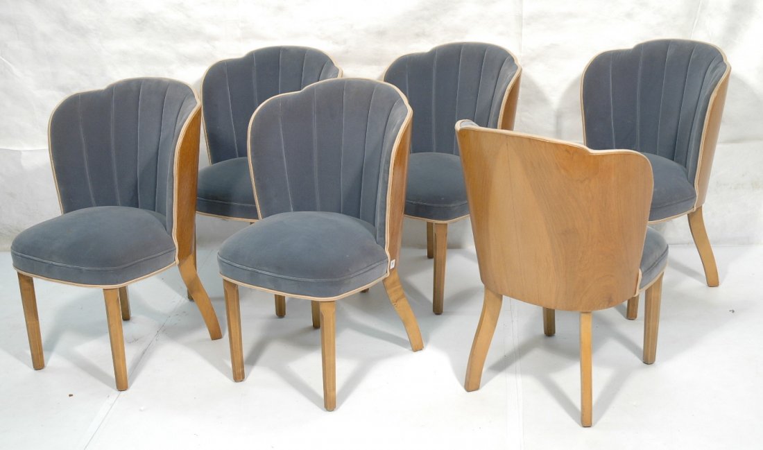 Set 6 Art Deco Vintage Barrel Back Dining Chairs.: Set 6 Art Deco Vintage Barrel Back Dining Chairs. Light blue velvet upholstery. -- Dimensions: H: 34 inches: W: 20 inches: D: 24 inches ---