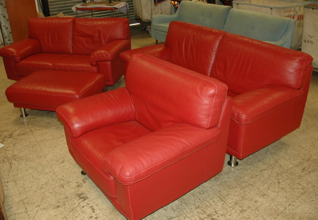 Red Leather 4pc Sofa Love Seat Chair Ottoman. Liv: Red Leather 4pc Sofa Love Seat Chair Ottoman. Living room set. Thick oversized cushions. Short stainless column legs. -- Dimensions: H: 35 inches: W: 80 inches: D: 36 inches ---
