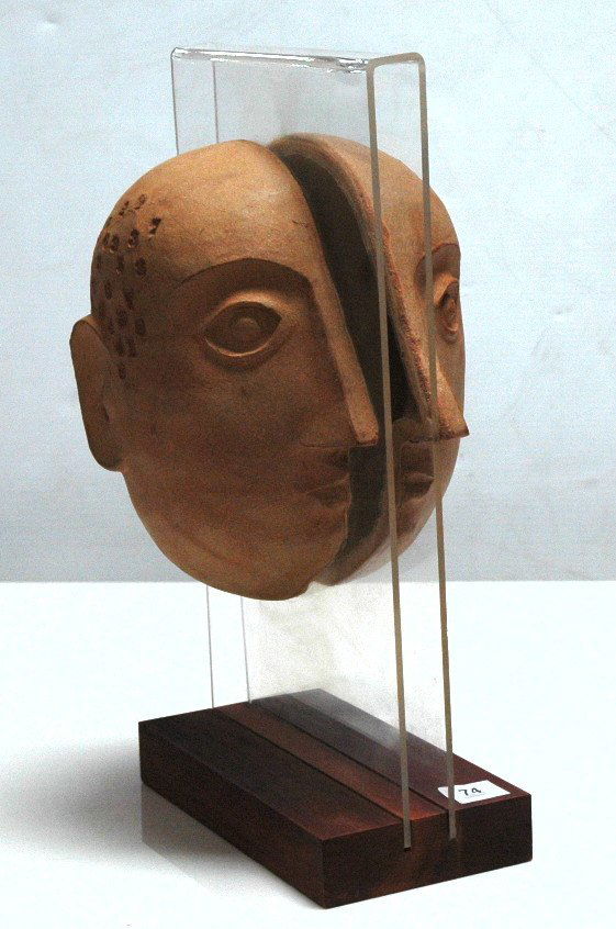 Bennington Potteries Split Faces Sculpture.: Bennington Potteries Split Faces Sculpture. David Gil. Wood Acrylic and Stoneware.-- Dimensions: H: 19.25 inches: W: 10 inches: D: 5 inches ---