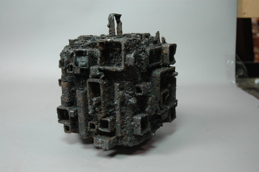 James Bearden Welded Steel Brutalist Sculpture Sq: James Bearden Welded Steel Brutalist Sculpture Square Box. Applied squares & rectangles. Unmarked. -- Dimensions: H: 8 inches: W: 6.5 inches: D: 6.5 inches --- US Shipping charge: $28