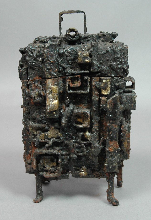 James Bearden Welded Steel Brutalist Sculpture Re: James Bearden Welded Steel Brutalist Sculpture Rectangular Box on Legs. Applied squares & rectangles. Gold paint highlights. Unmarked. -- Dimensions: H: 9 inches: W: 5.25 inches: D: 3.5 inches --- US