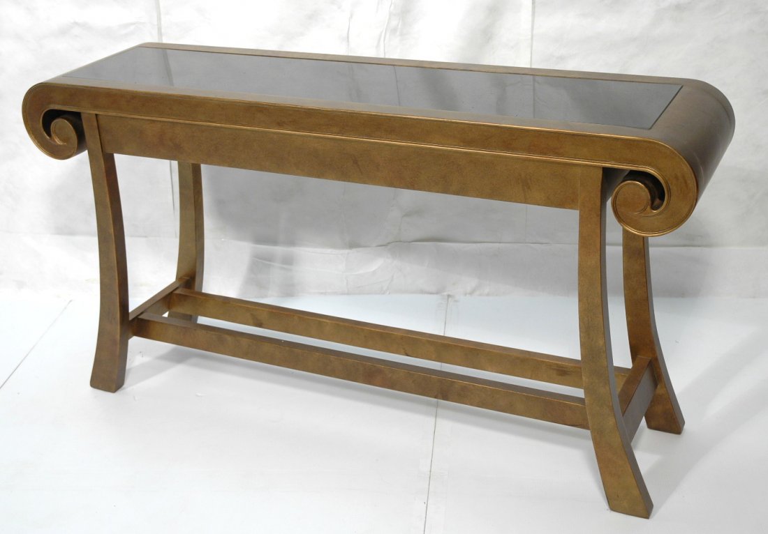Asian Inspired Sofa Console Table. Inset Black Gr: Asian Inspired Sofa Console Table. Inset Black Granite top. Antiqued gold finish. -- Dimensions: H: 34.5 inches: D: 16.5 inches: L: 64 inches ---