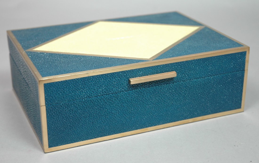 Shagreen & Brass MAITLAND SMITH style Hinged Box.: Shagreen & Brass MAITLAND SMITH style Hinged Box. Dark blue & tan shagreen with brass trim. Lined. Not marked.-- Dimensions: H: 3.25 inches: W: 9 inches: D: 6.75 inches --- US Shipping charge: $28