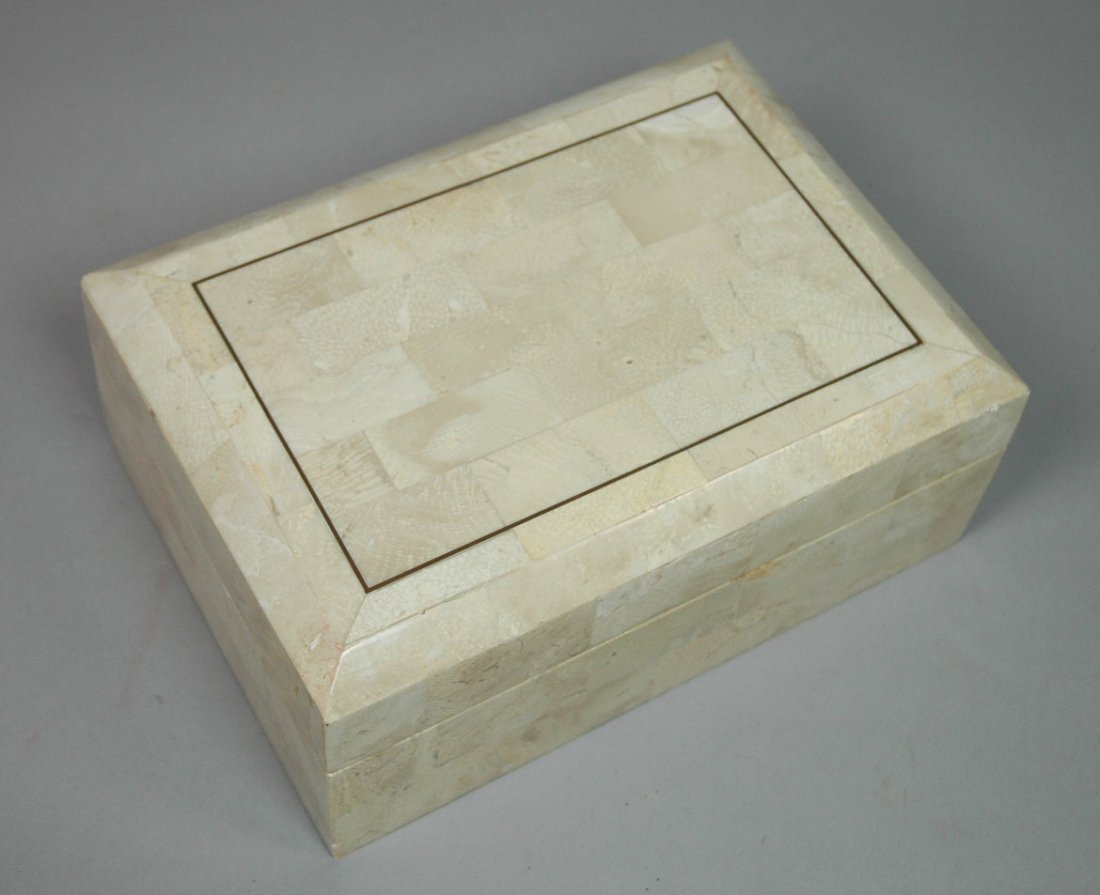 Tessellated Stone & Brass MAITLAND SMITH style Hi: Tessellated Stone & Brass MAITLAND SMITH style Hinged box. Lined. Not marked.-- Dimensions: H: 4.5 inches: W: 10.25 inches: D: 7.5 inches --- US Shipping charge: $28