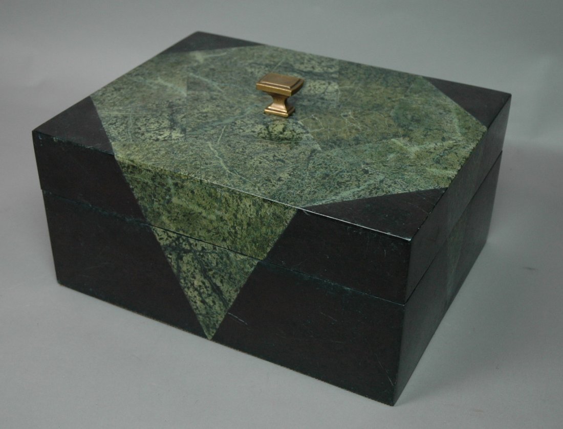 MAITLAND SMITH Inlaid Stone Jewelry Box. Green &: MAITLAND SMITH Inlaid Stone Jewelry Box. Green & black stone with bronze finial. Lined. Label.-- Dimensions: H: 7.5 inches: W: 13.5 inches: D: 10.5 inches --- US Shipping charge: $28