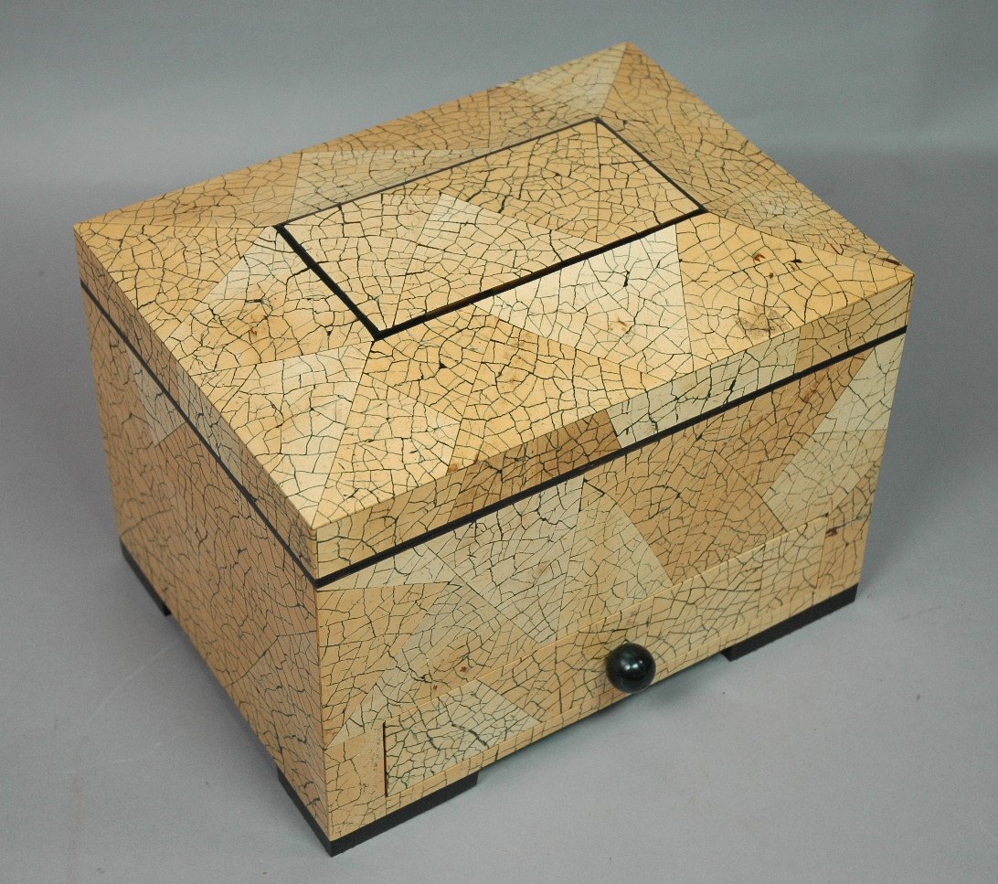 AUGOUSTI style Inlaid Jewelry Box. Lacquered Egg: AUGOUSTI style Inlaid Jewelry Box. Lacquered Egg shell finish. Hinged lid. One drawer. Lined. -- Dimensions: H: 8.25 inches: W: 11.25 inches: D: 8.25 inches --- US Shipping charge: $28