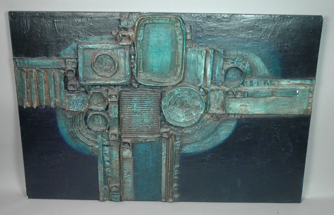 3D Modernist Abstract Oil Painting. Blue & green: 3D Modernist Abstract Oil Painting. Blue & green palette gives impression of rich patina on metal. Signed ROWLAND FADE, 71.-- Dimensions: H: 24 inches: W: 35.5 inches ---