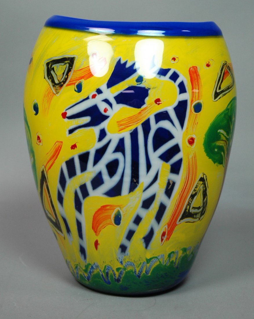 ANDIAMO American Studio Art Glass Vase. Painted G: ANDIAMO American Studio Art Glass Vase. Painted Graal Series. Animals with trees. Robert Spielholz & Kathleen Hargrave. Dated 1992. #222.-- Dimensions: H: 12 inches: W: 10 inches: D: 6.5 inches --- US
