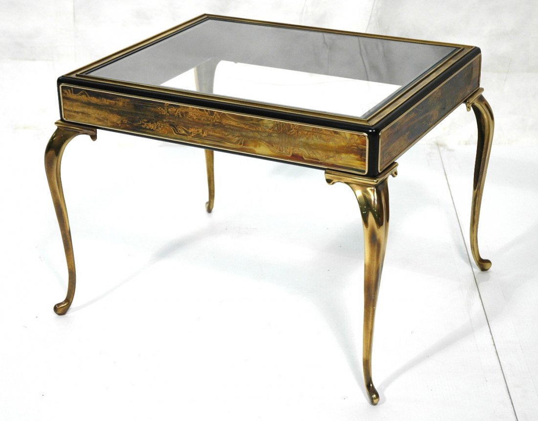 MASTERCRAFT Bernard Rohne Brass Side Table. Brass: MASTERCRAFT Bernard Rohne Brass Side Table. Brass Queen Anne legs. Inset glass top.-- Dimensions: H: 17.5 inches: W: 23.5 inches: D: 19 inches