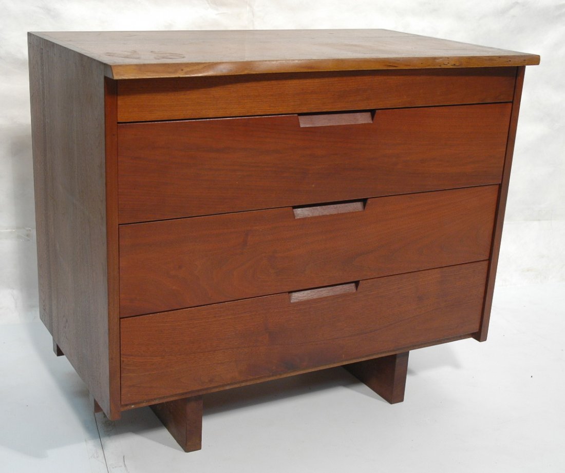 GEORGE NAKASHIMA 4 Drawer Dresser Cabinet. Walnut: GEORGE NAKASHIMA 4 Drawer Dresser Cabinet. Walnut freeform slab top. American Woodworker. Dovetail detail. Solid walnut feet. -- Dimensions: H: 32 inches: W: 36 inches: D: 21.5 inches ---