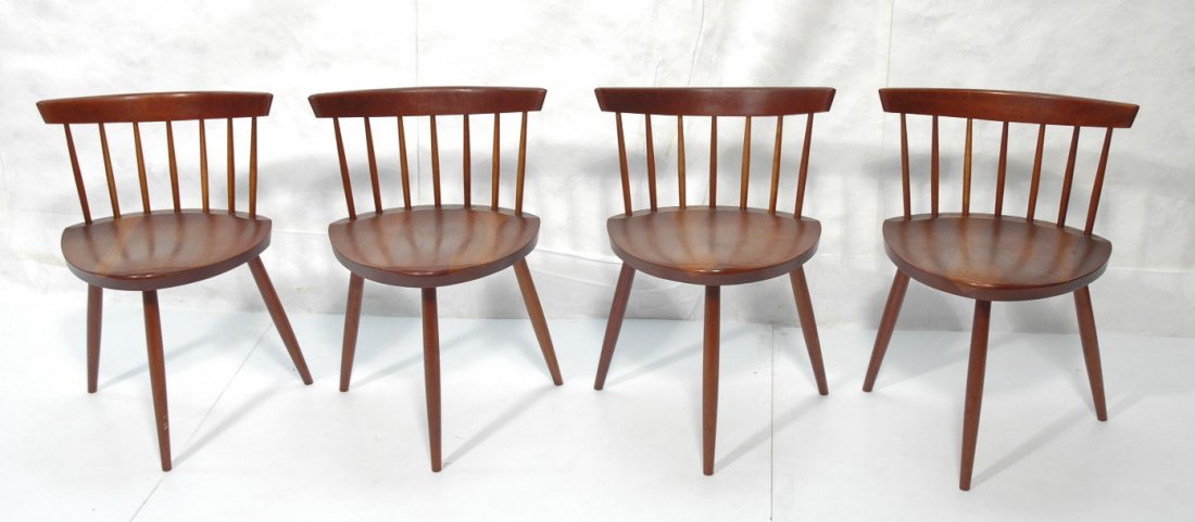 4 GEORGE NAKASHIMA Mira Side Chairs. Cherry: Four GEORGE NAKASHIMA Mira Side Chairs. Three Legged cherry chairs. American Studio Woodworker. -- Dimensions: H: 27.5 inches: W: 17.5 inches: D: 16.5 inches ---