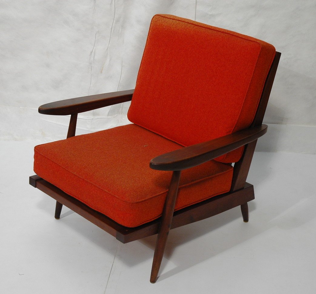 GEORGE NAKASHIMA Walnut Lounge Chair. Wide Paddle: GEORGE NAKASHIMA Walnut Lounge Chair. Wide Paddle Arms. Square Slat back. Red fabric cushions-- Dimensions: H: 31 inches: W: 30 inches: D: 31 inches ---