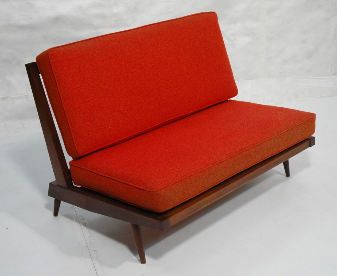 GEORGE NAKASHIMA Walnut Armless Sofa Love Seat.: GEORGE NAKASHIMA Walnut Armless Sofa Love Seat settee. Square slat back. Red fabric cushions.-- Dimensions: H: 30 inches: W: 48 inches: D: 30 inches ---