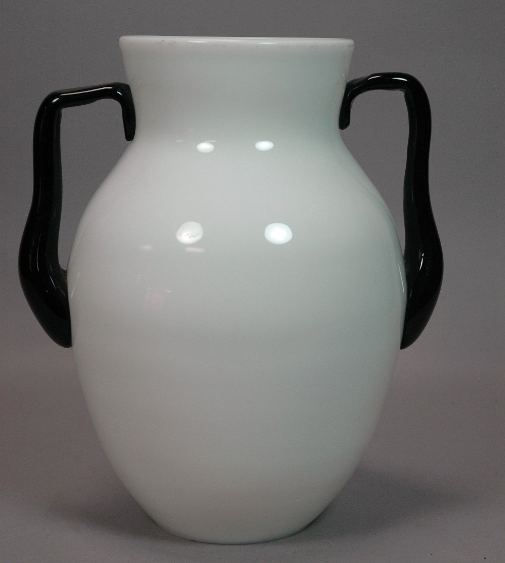 STEUBEN Art Glass Urn Form Vase. Alabaster vase w: STEUBEN Art Glass Urn Form Vase. Alabaster vase with applied black glass handles. -- Dimensions: H: 12.25 inches: W: 10.25 inches: D: 8 inches --- US Shipping charge: $28