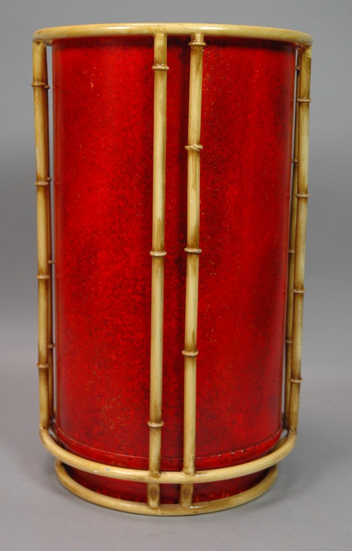 Italian Toleware Metal Faux Bamboo Umbrella Stand: Italian Toleware Metal Faux Bamboo Umbrella Stand. Gold bamboo frame with separate orange painted interior can. Marked: Made in Italy. B-- Dimensions: H: 17 inches: W: 11 inches --- US Shipping charge