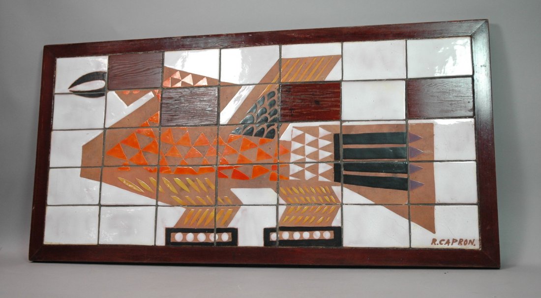 ROGER CAPRON Ceramic Tile Wall Plaque. Glazed Til: ROGER CAPRON Ceramic Tile Wall Plaque. Glazed Tiles with bird image. Wood frame & back. Signed in tile. -- Dimensions: H: 19.5 inches: W: 38 inches ---