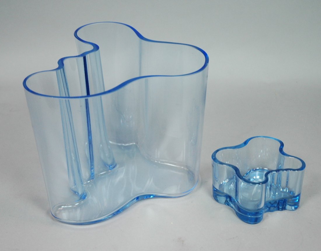 2pcs Alvar Aalto Finland Blue glass Vases. Large: 2pcs Alvar Aalto Finland Blue glass Vases. Large & small. Iittala. Labeled.-- Dimensions: H: 6.25 inches: W: 8.25 inches: D: 7 inches --- US Shipping charge: $28