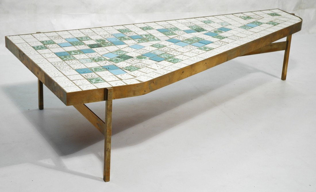 Harvey Probber Tile Top Table with Bronze Frame.: Harvey Probber Tile Top Table with Bronze Frame. Inset tiles on wide frame on Heavy square legs. Flat stretchers.-- Dimensions: H: 15 inches: W: 61 inches: D: 32 inches ---