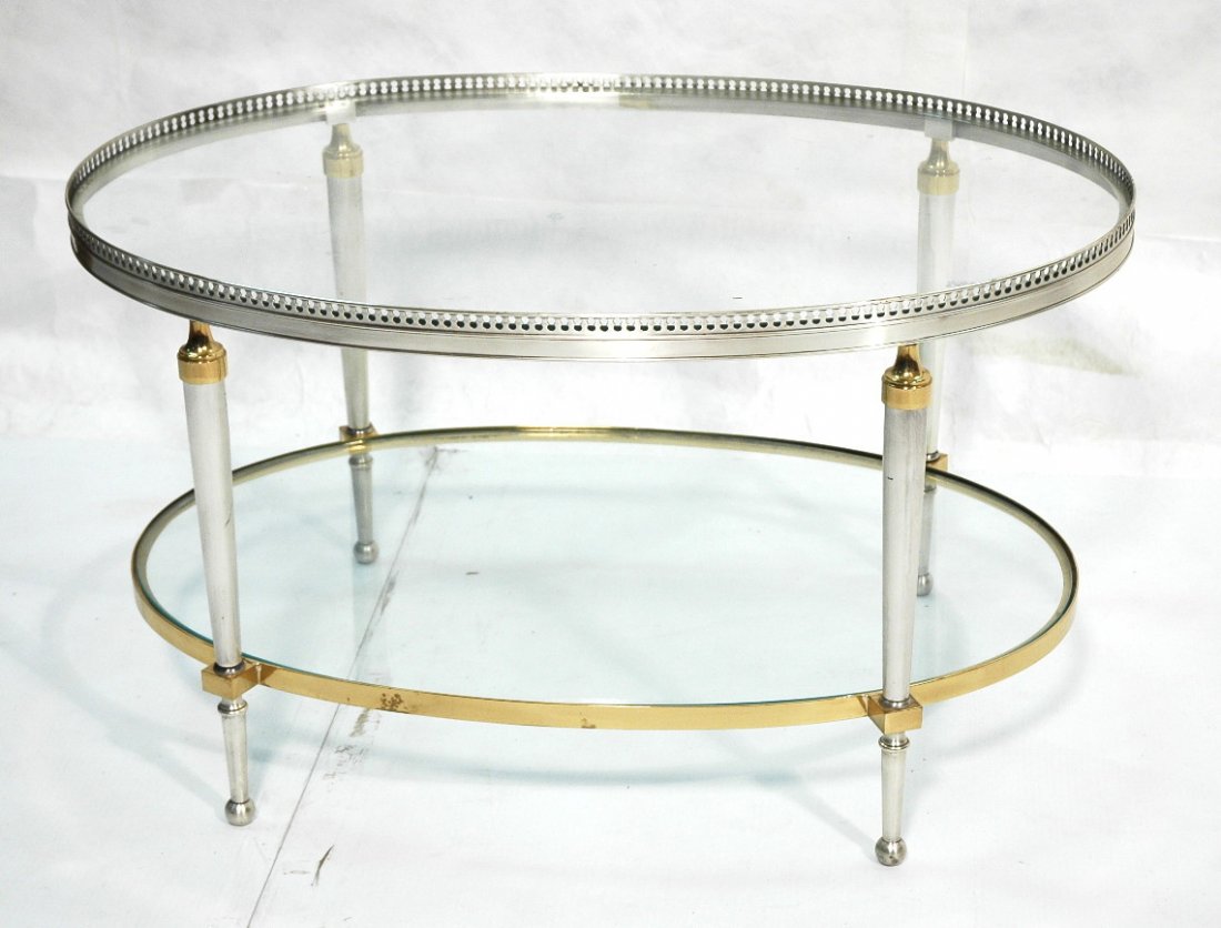 Brass & Nickel Occasional Coffee Cocktail Table.: Brass & Nickel Occasional Coffee Cocktail Table. Nice decorator table with inset glass. Tapered Legs. Heavy construction.-- Dimensions: H: 18 inches: W: 31.75 inches: D: 21 inches ---