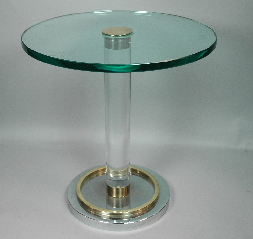 Charles Hollis Jones Occasional Table. Fontana Arte: Charles holis jones Fontana Arte Style Occasional Table. 3/4 inch thick class on 3 inch lucite column. Brass accents.-- Dimensions: H: 20 inches: W: 19 inches ---