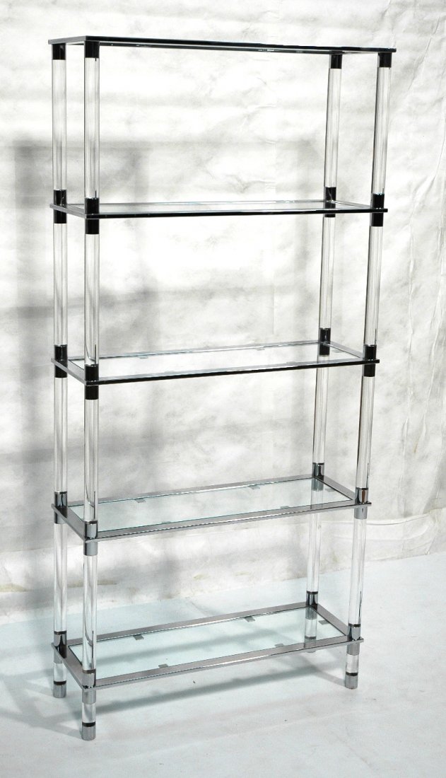 Charles Hollis Jones Style Etagere Shelf. Chrome: Charles Hollis Jones Style Etagere Shelf. Chrome & Lucite. Inset glass.-- Dimensions: H: 73 inches: W: 34.5 inches ---