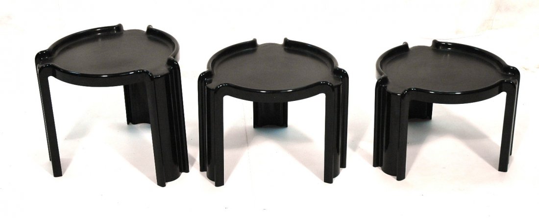 3 KARTELL Molded Plastic Stacking Nesting Tables.: 3 KARTELL Molded Plastic Stacking Nesting Tables. GIOTTO STOPPINO, designer. Black plastic set. Unmarked.-- Dimensions: H: 17.75 inches: W: 20 inches ---