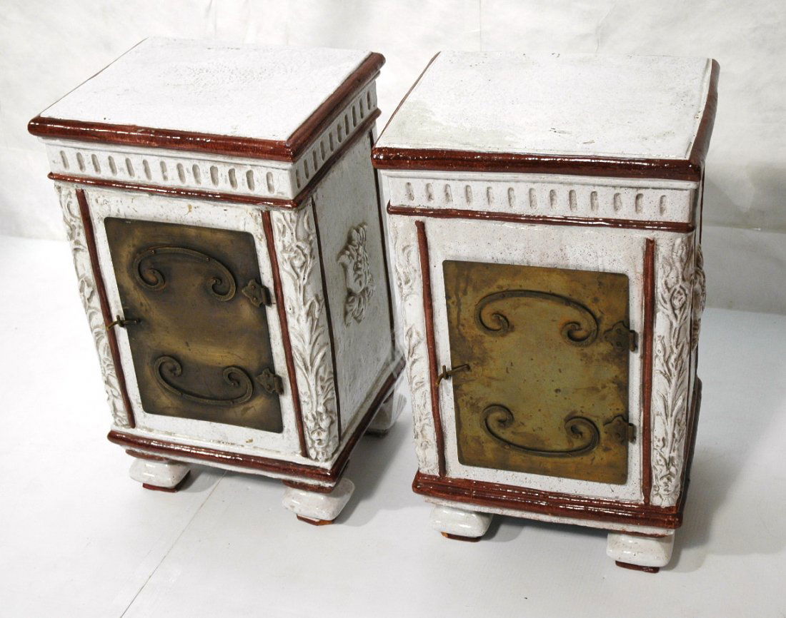 Pair Italian Pottery Side Tables. Night stands.: Pair Italian Pottery Side Tables. Night stands. Pottery cabinets with metal doors. Italian country design. Redware.-- Dimensions: H: 26 inches: W: 15.5 inches: D: 13.5 inches ---
