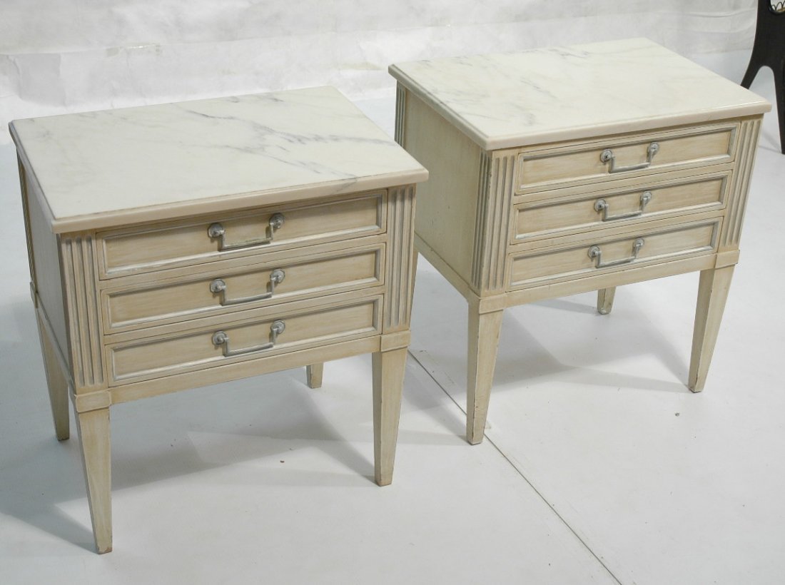 Pair Decorator French Country Side Tables with Ma: Pair Decorator French Country Side Tables with Marble Tops. 3 drawer night stands. -- Dimensions: H: 26.25 inches: W: 24 inches: D: 17 inches ---