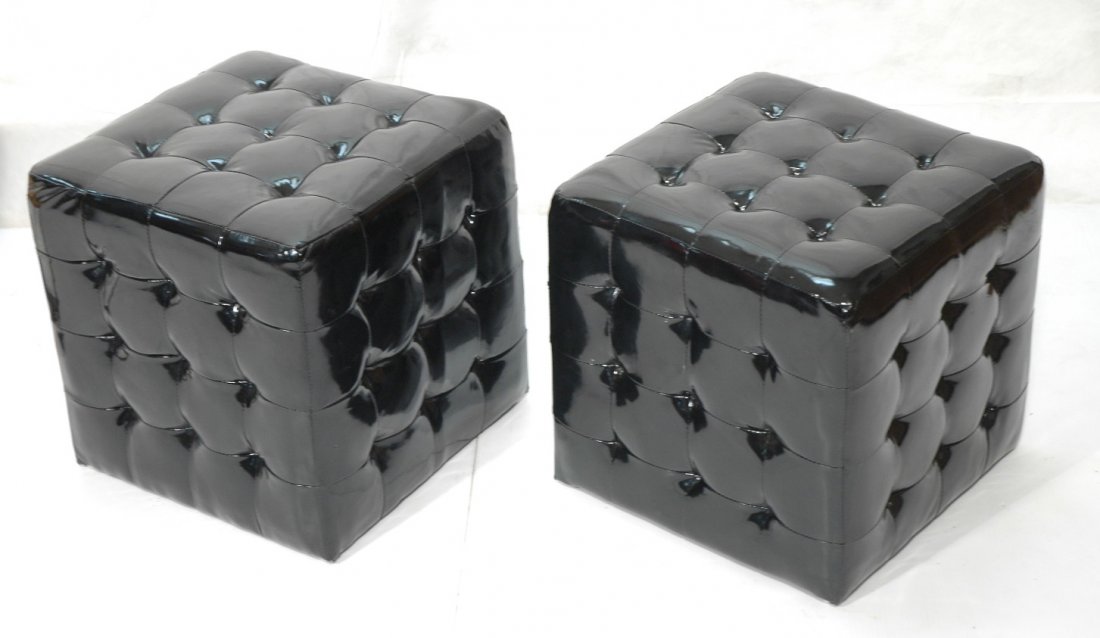 Pr Decorator Black Tufted Cube Stools Benches. Sh: Pr Decorator Black Tufted Cube Stools Benches. Shiny black upholstery. -- Dimensions: H: 16.5 inches: W: 17 inches: D: 17 inches ---