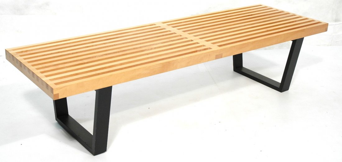 GEORGE NELSON Slat Bench. Ebonized Wood Base. HER: GEORGE NELSON Slat Bench. Ebonized Wood Base. HERMAN MILLER. Metal tag.-- Dimensions: H: 14.5 inches: D: 18.5 inches: L: 60 inches ---