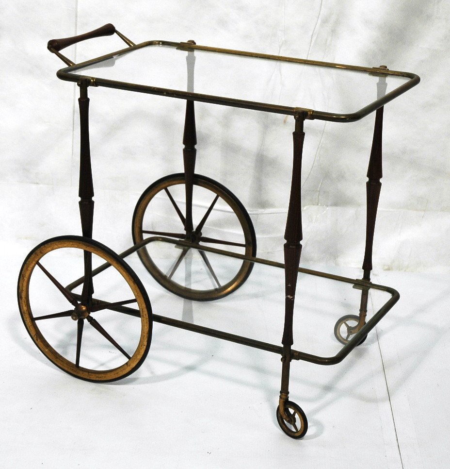 Decorator Brass & Rosewood Modern Bar Cart. Round: Decorator Brass & Rosewood Modern Bar Cart. Round brass tube construction. Glass shelves.-- Dimensions: H: 29.5 inches: W: 31 inches: D: 20 inches ---