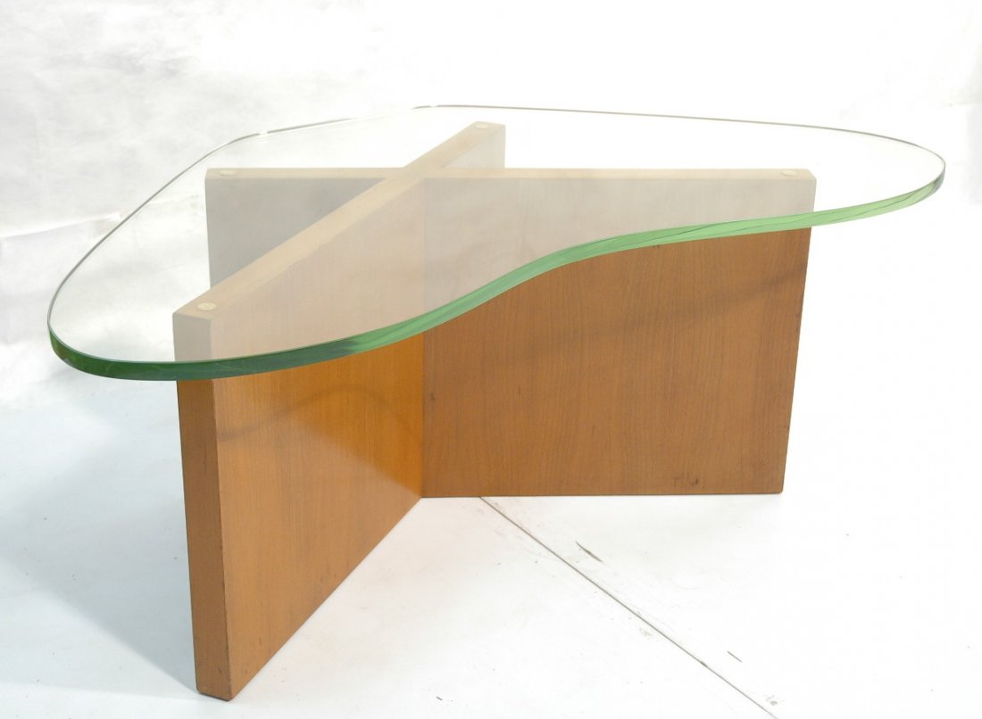 GILBERT ROHDE style X Base Glass Cocktail Table.: GILBERT ROHDE style X Base Glass Cocktail Table. American Modern Coffee Table with boomerang shaped glass top. Not marked.-- Dimensions: H: 17.5 inches: W: 45.75 inches: D: 25 inches ---