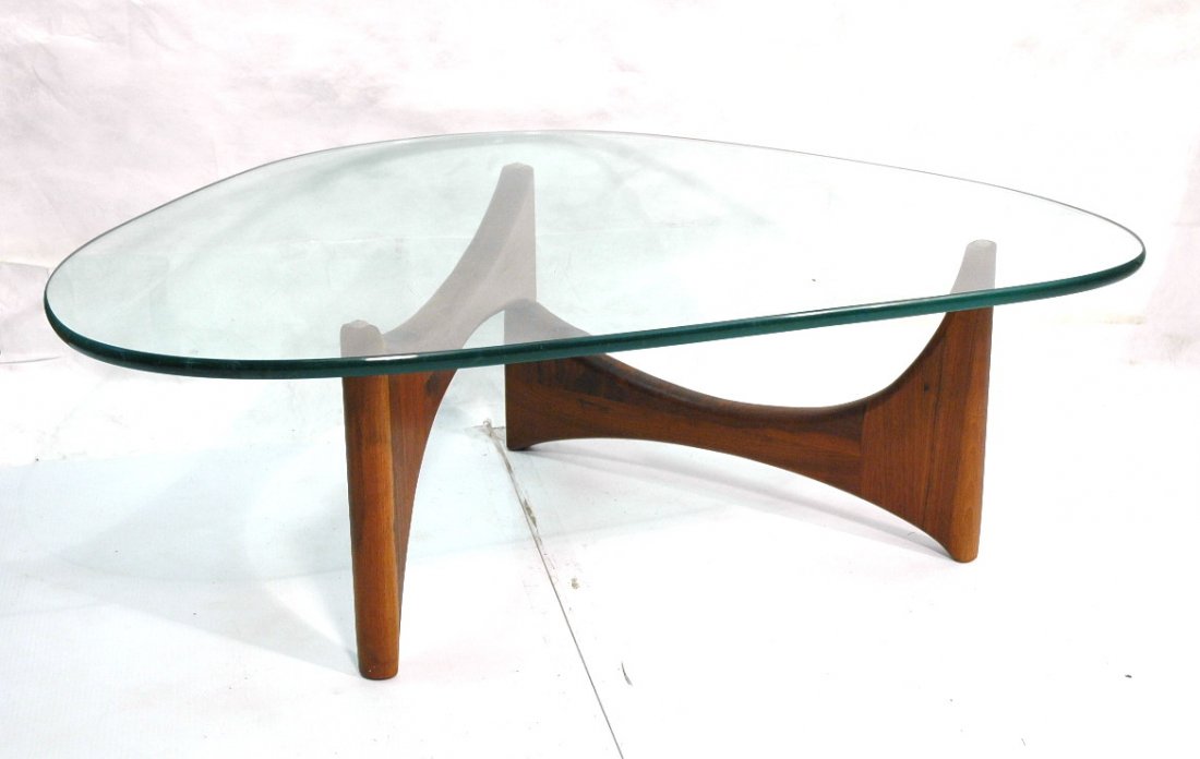 ADRIAN PEARSALL Coffee Cocktail Table. Walnut bas: ADRIAN PEARSALL Coffee Cocktail Table. Walnut base with thick triangle glass top. -- Dimensions: H: 16 inches: W: 49 inches: D: 35 inches ---