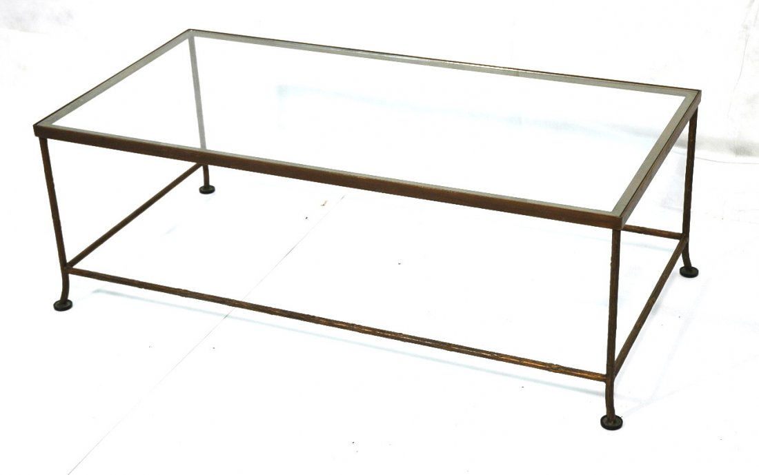 MAISON BAGUES Style Metal Faux Bois Glass Table.: MAISON BAGUES Style Metal Faux Bois Glass Table. Rectangular French coffee cocktail table.-- Dimensions: H: 17 inches: W: 48 inches: D: 24 inches ---
