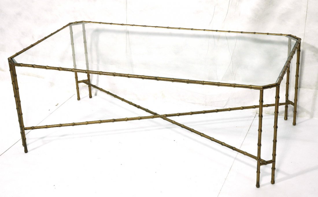 MAISON BAGUES Bronze Faux Bamboo Glass Table. Rec: MAISON BAGUES Bronze Faux Bamboo Glass Table. Rectangular coffee Cocktail table. "X" stretcher.-- Dimensions: H: 20.5 inches: W: 55 inches: D: 31 inches ---